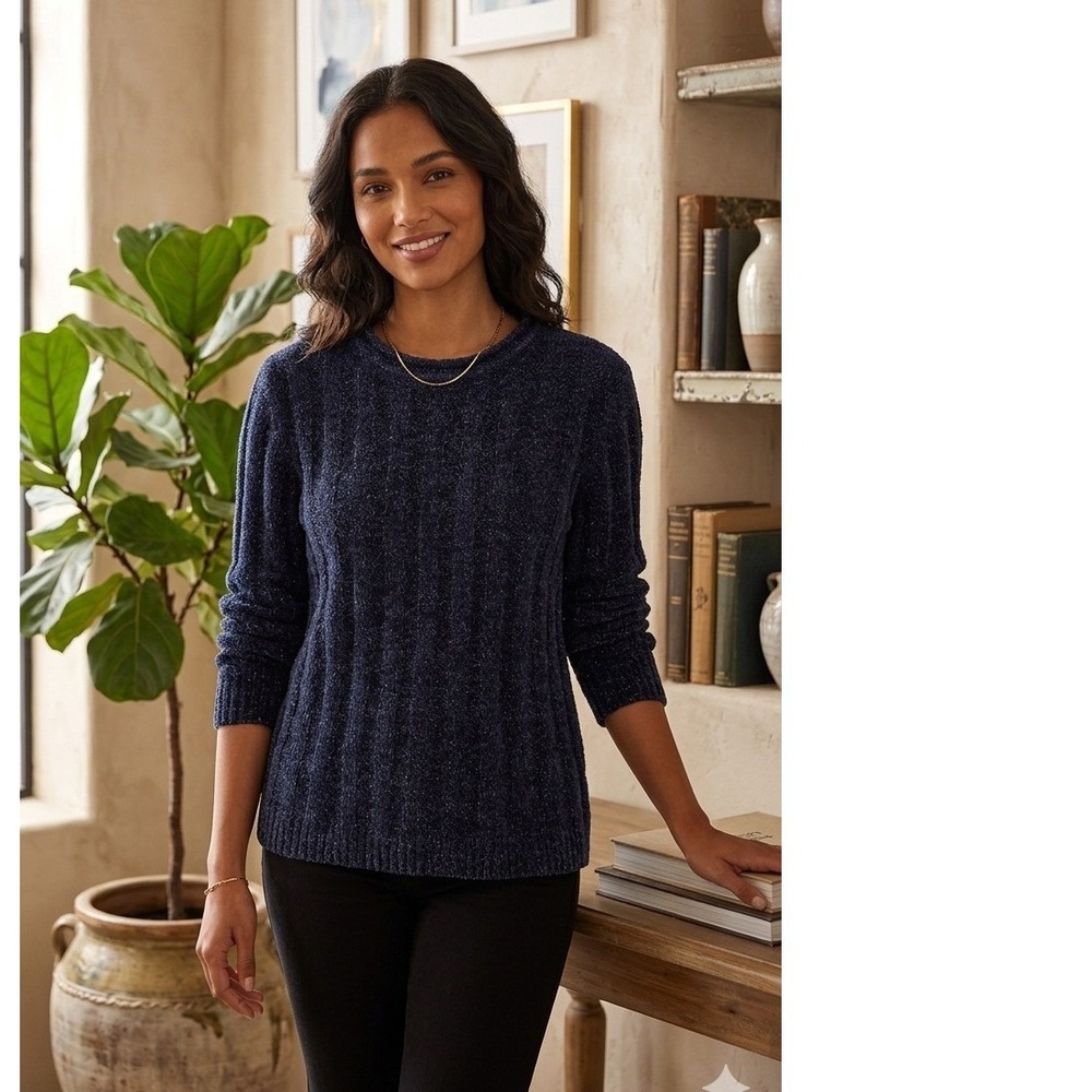 Classic Elements Navy Blue Chenille Sparkle Ribbed Knit Crewneck Sweater